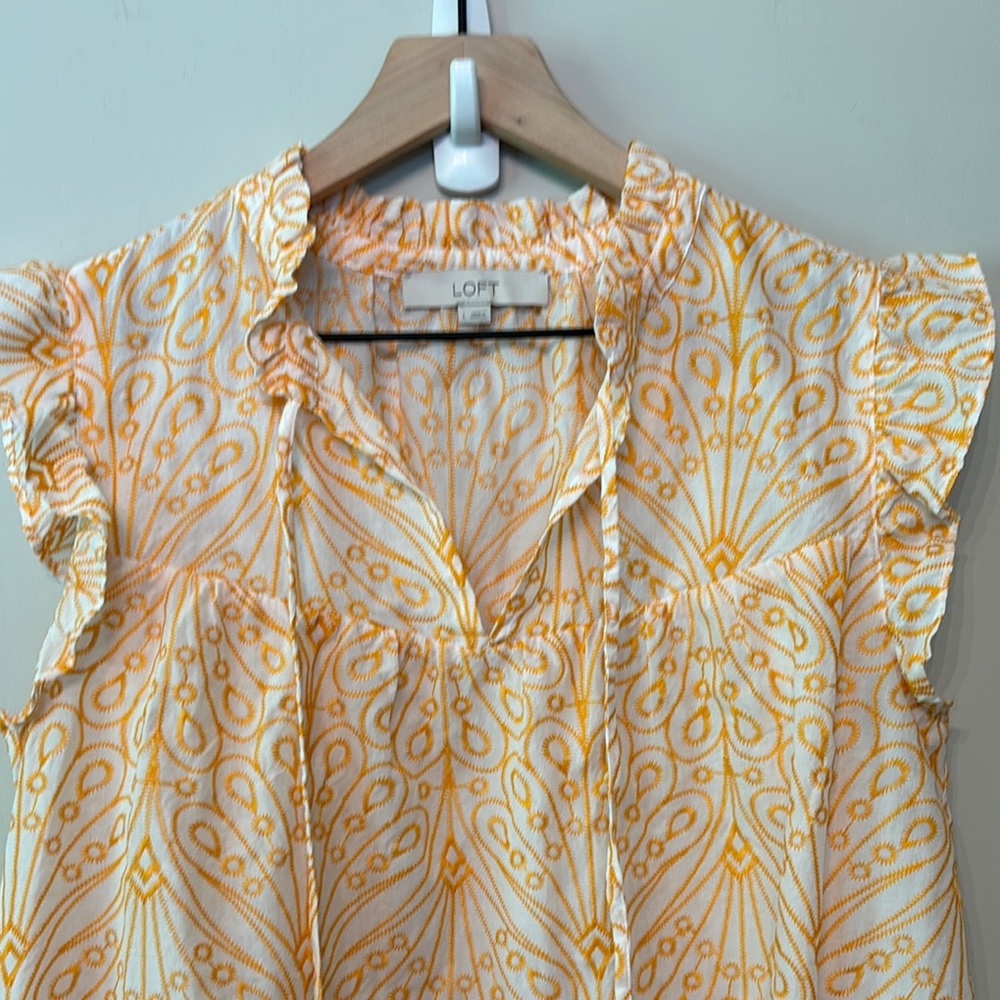 LOFT Yellow & White Printed Ruffle Sleeve Blouse - Picture 2 of 6
